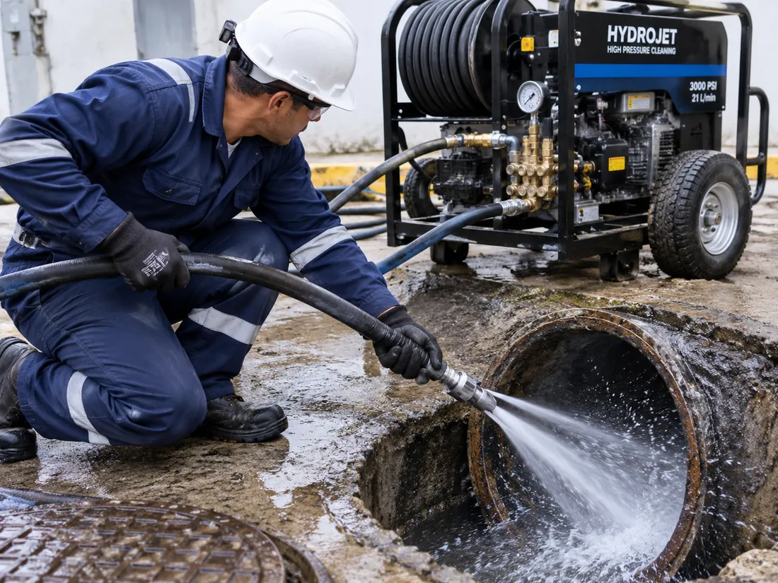 Técnico limpiando una tubería con equipo Hidrojet de alta presión